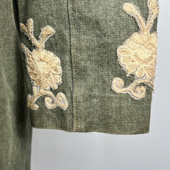 Plenty Tracy Reese Anthropologie Olive Green Embroidered Long Denim Nehru Jacket - Picture 11 of 16